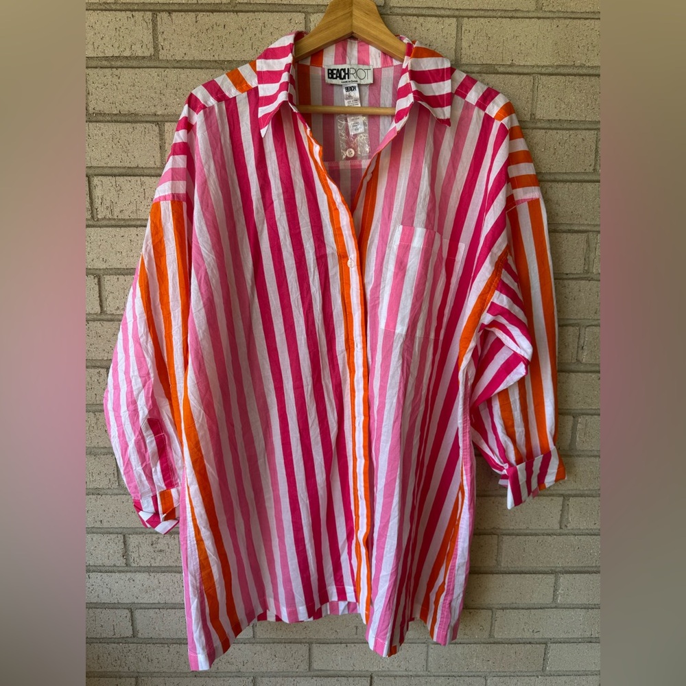 Beach Riot Alexa Striped Oversized Beach Shirt Sunset Stripes Small Medium
